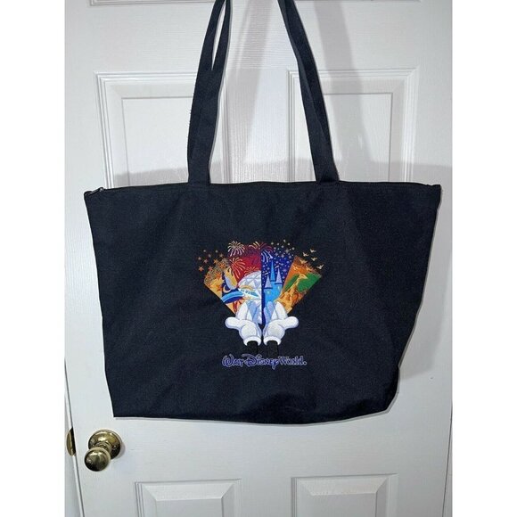 WALT DISNEY WORLD Black Embroidered Nylon Tote Bag-Zip Closure-Shoulder Straps - Picture 3 of 11